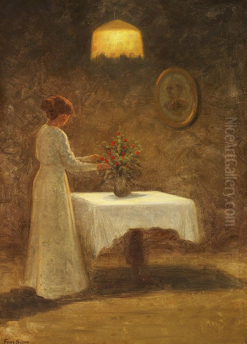 Interior with a woman arranging a bouquet of red flowers on a table. Oil Painting by Poul Friis Nybo