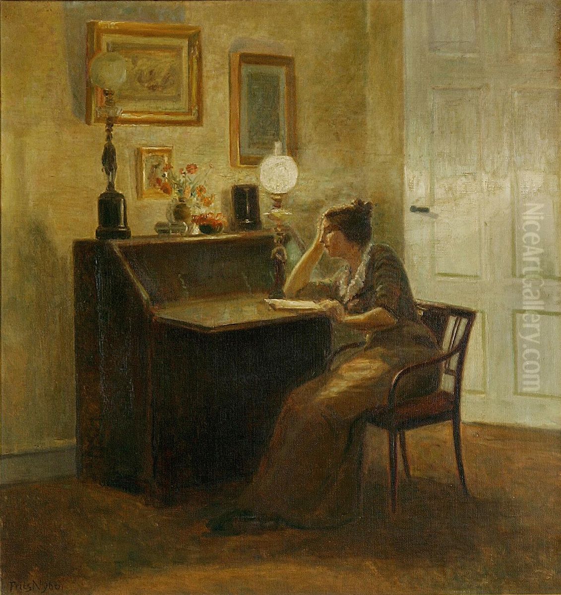 Interior with a woman reading at a desk. Oil Painting by Poul Friis Nybo