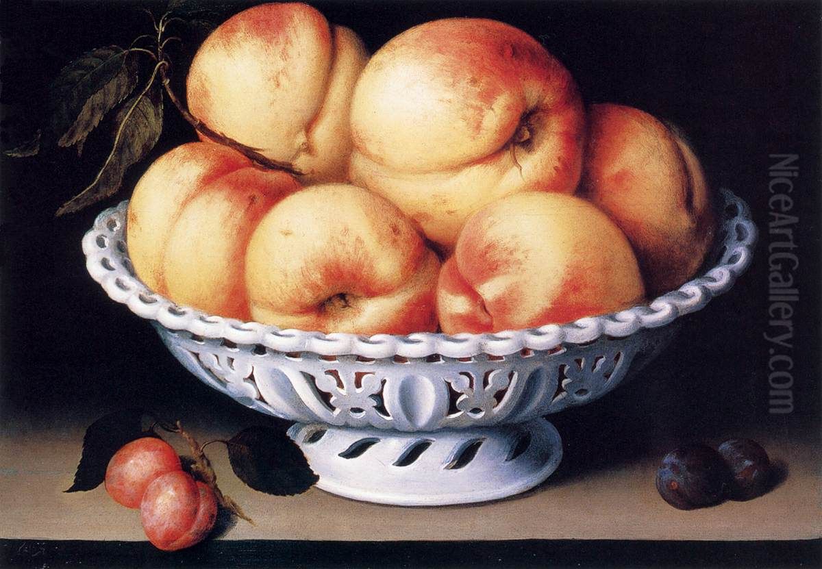 White Ceramic Bowl with Peaches and Red and Blue Plums Oil Painting by Fede Galizia