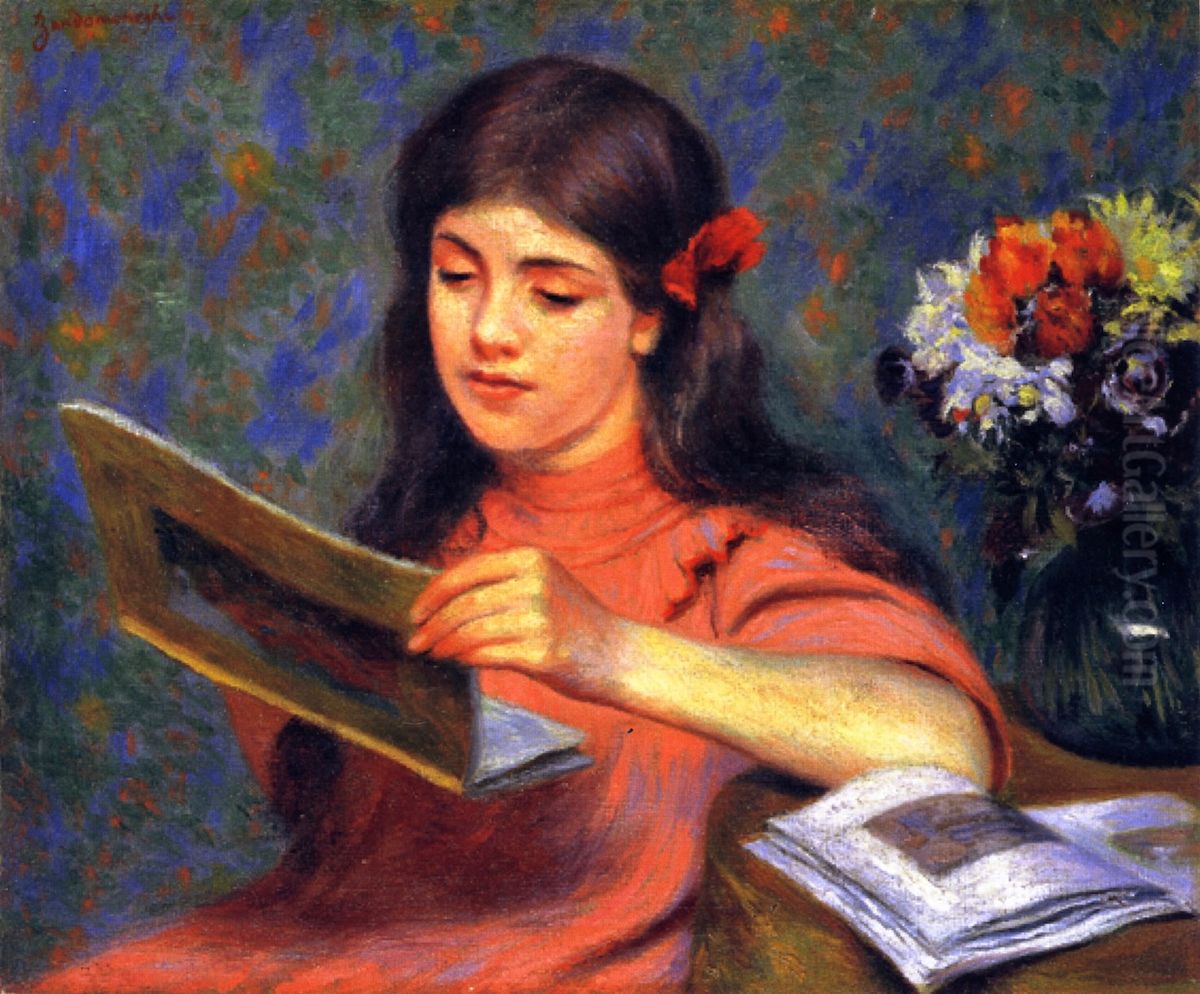 Girl Looking at a Book Oil Painting by Federico Zandomeneghi