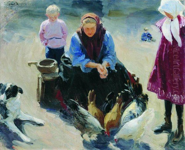 Feeding Chickens Oil Painting by Ivan Kulikov
