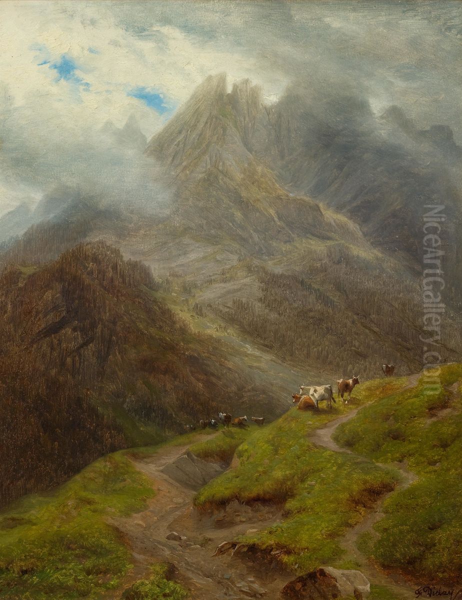Weidende Kuhe auf der Schwarzwaldalp bei Roslaui mit Engelhorner im Hintergrund Oil Painting by Francois Diday