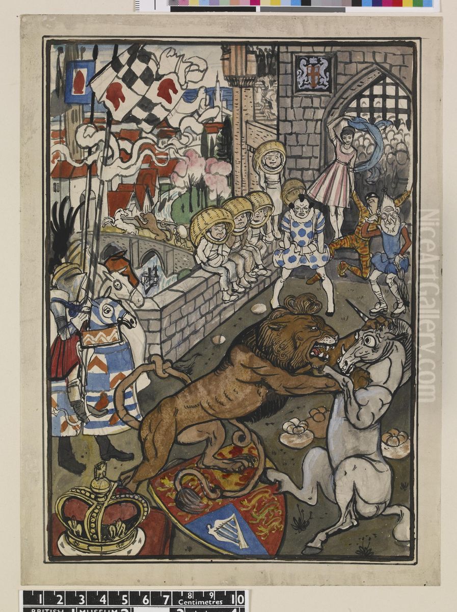 Lion and unicorn fighting within castle walls Oil Painting by Walter Crane