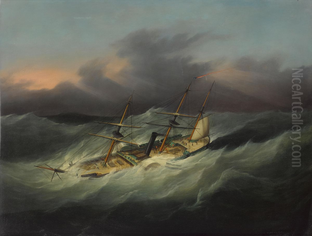 The U.S. Steam Frigate Mississippi in a typhoon Oil Painting by Joseph Heard