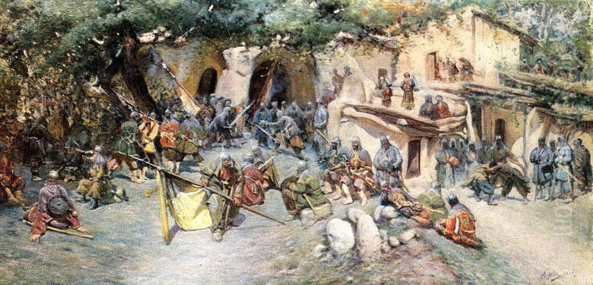 Khevsurs before the attack Oil Painting by Gigo Gabashvili