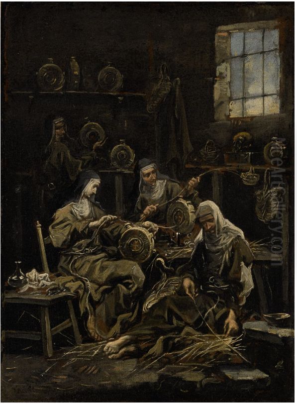 Nuns making wicker  flasks in an interior Oil Painting by Alessandro Magnasco