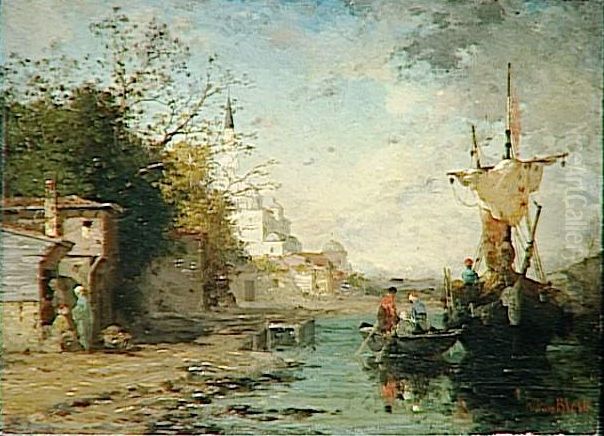 Cafe Maure a Alger, cafe des platanes. Oil Painting by Fabius Brest