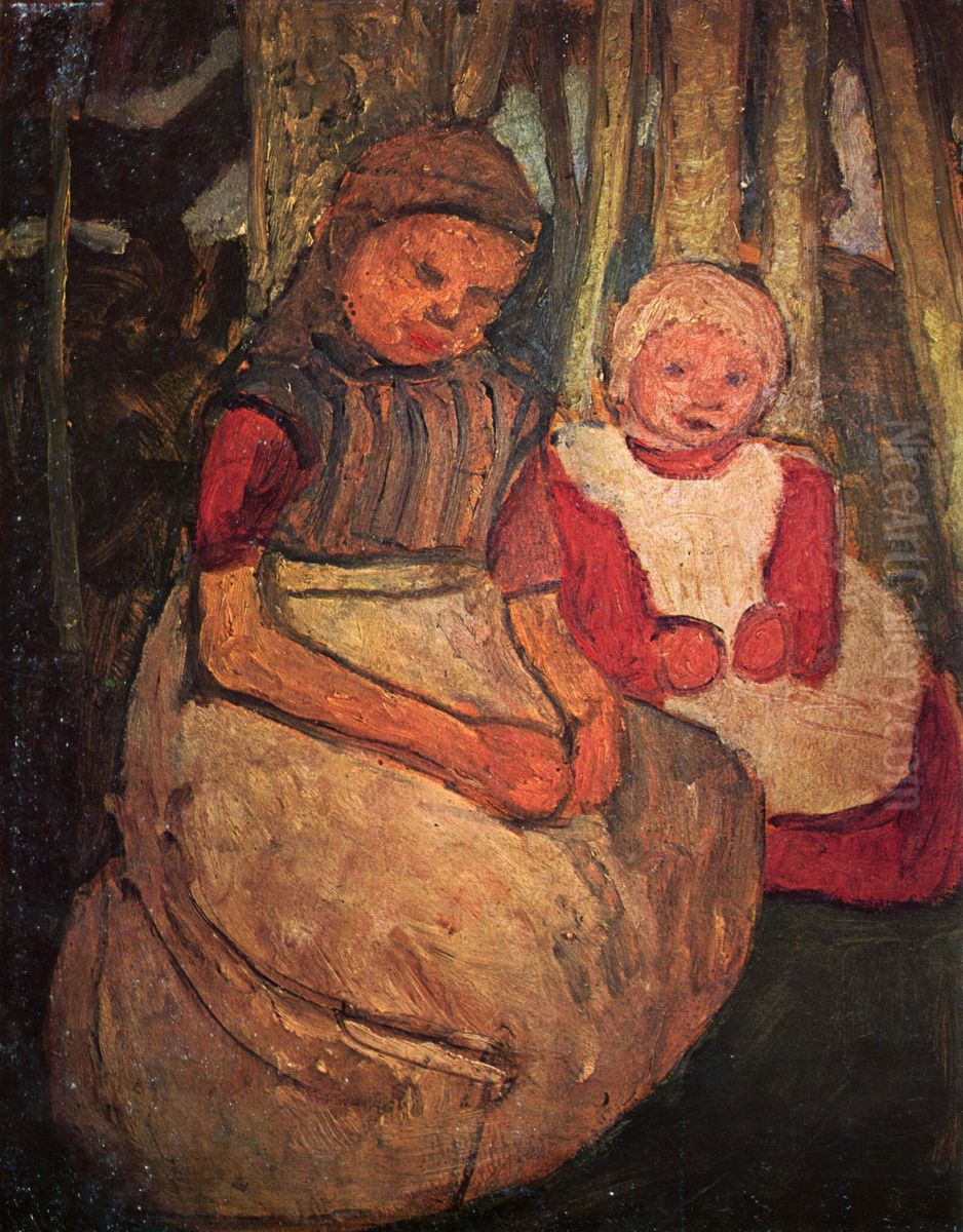 Zwei sitzende Madchen im Birkenwald / Zwei sitzende Madchen vor Birkenstammen Oil Painting by Paula Modersohn-Becker