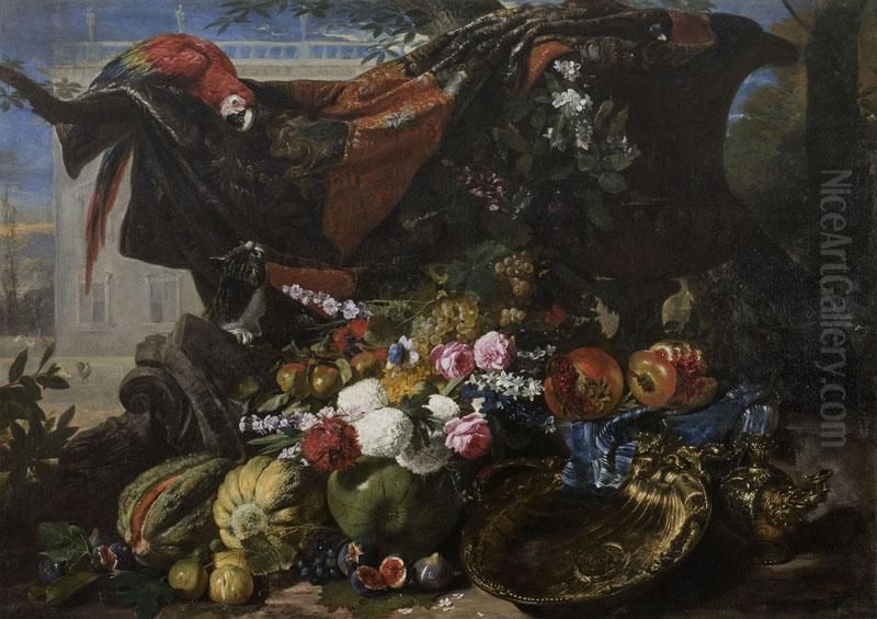 Still life with fighting cat and parrot Oil Painting by David de Coninck
