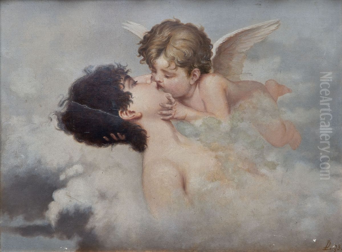 Ein eine in den Wolken schwebende Frau zartlich kussender Putto. Oil Painting by unknown