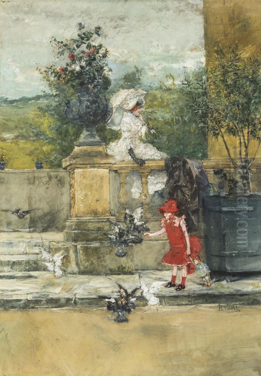 Ein Madchen futtert Tauben vor einer Balustrade Oil Painting by Gotthardt Kuehl