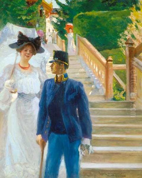 Soldier and Lady with an Umbrella Oil Painting by Zsigmond Vajda