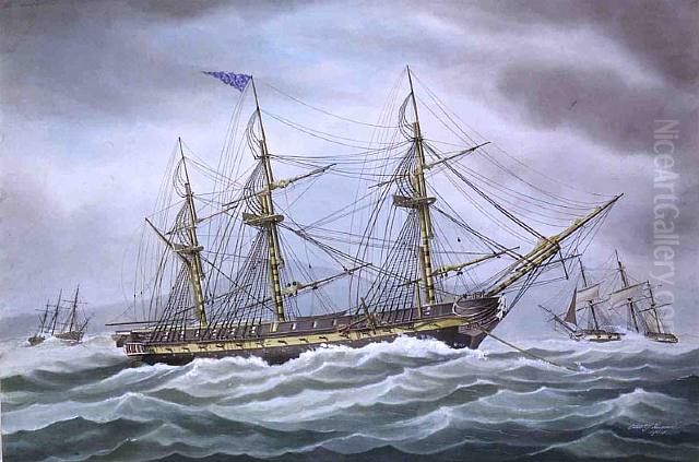 U.S.S.Presidentat anchor in heavy swell. Oil Painting by Edward John Russell