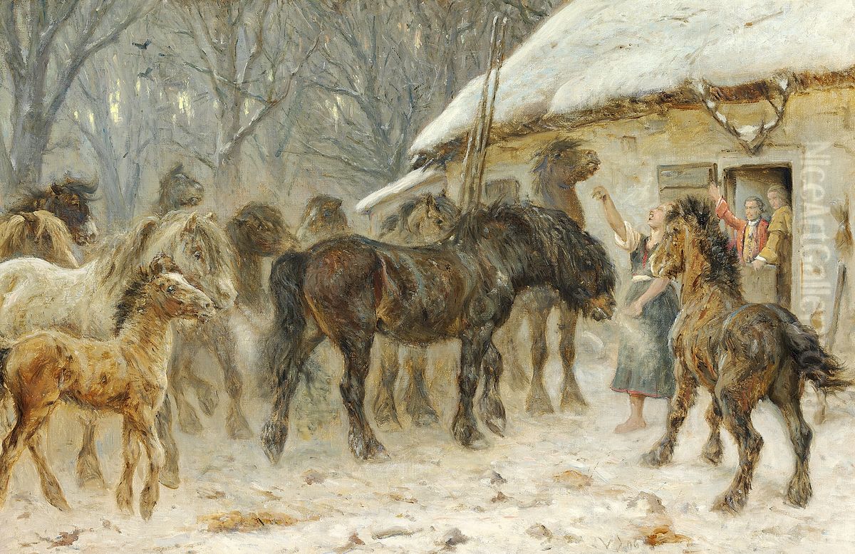 A wild bunch. A winter day with snow at Ledhuset in Faendrikvangen, near Hillerod. Oil Painting by Valdemar Irminger
