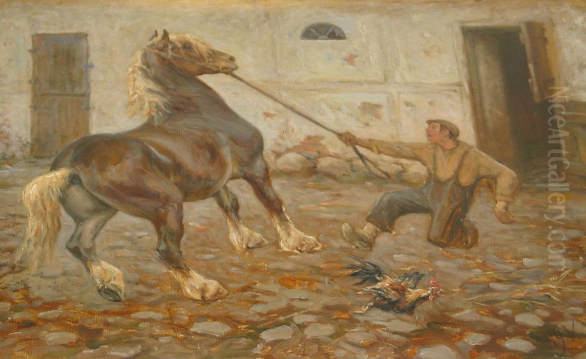 A horse startled by a rooster. Oil Painting by Valdemar Irminger