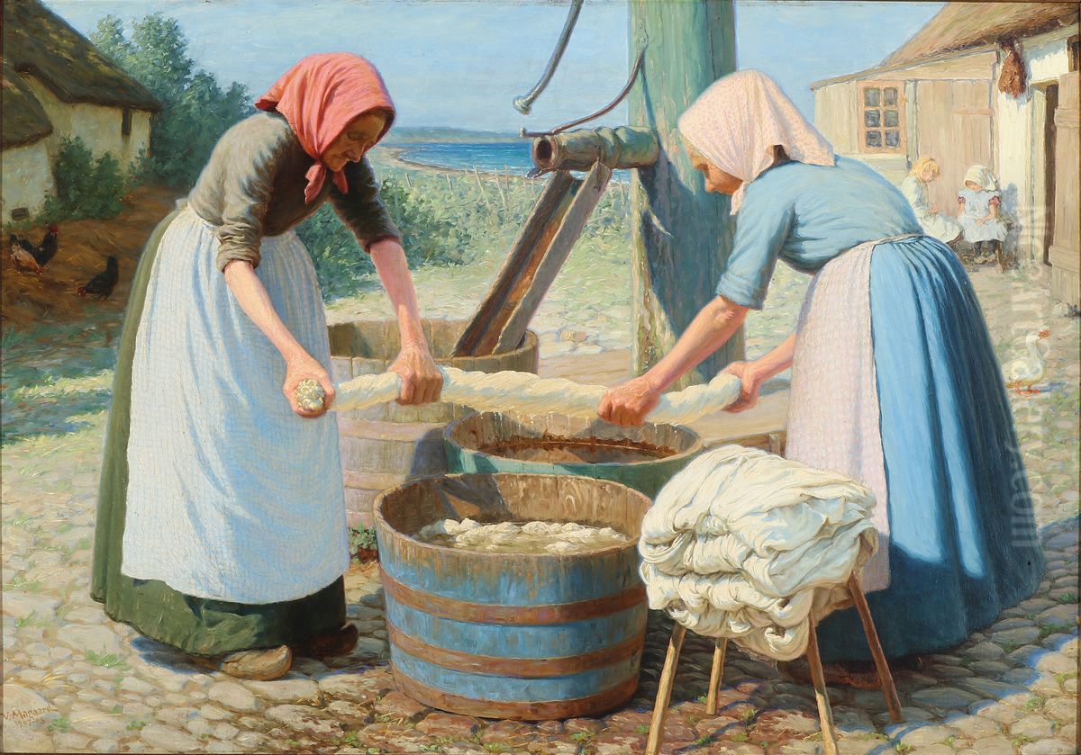 A couple of women doing laundry Oil Painting by Valdemar Magaard
