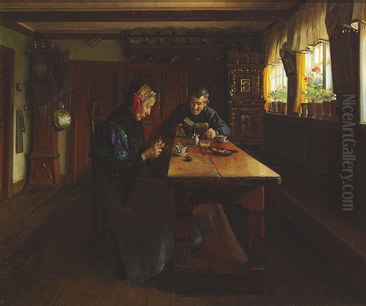 Interior with a man reading and a woman knitting. Oil Painting by Valdemar Kornerup