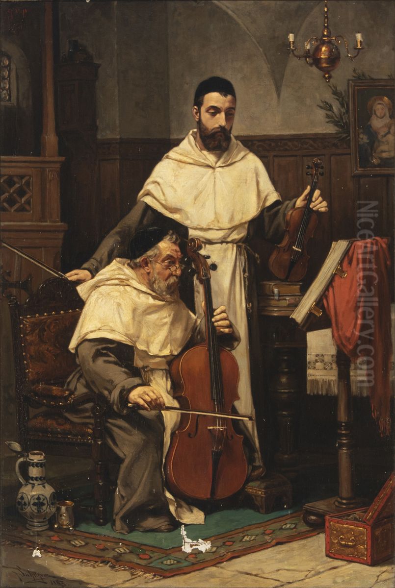 Monks playing music Oil Painting by Valdemar Sichelkow