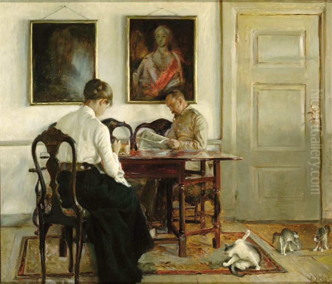Interior with Helga and Hans Tegner. Oil Painting by Valdemar Irminger