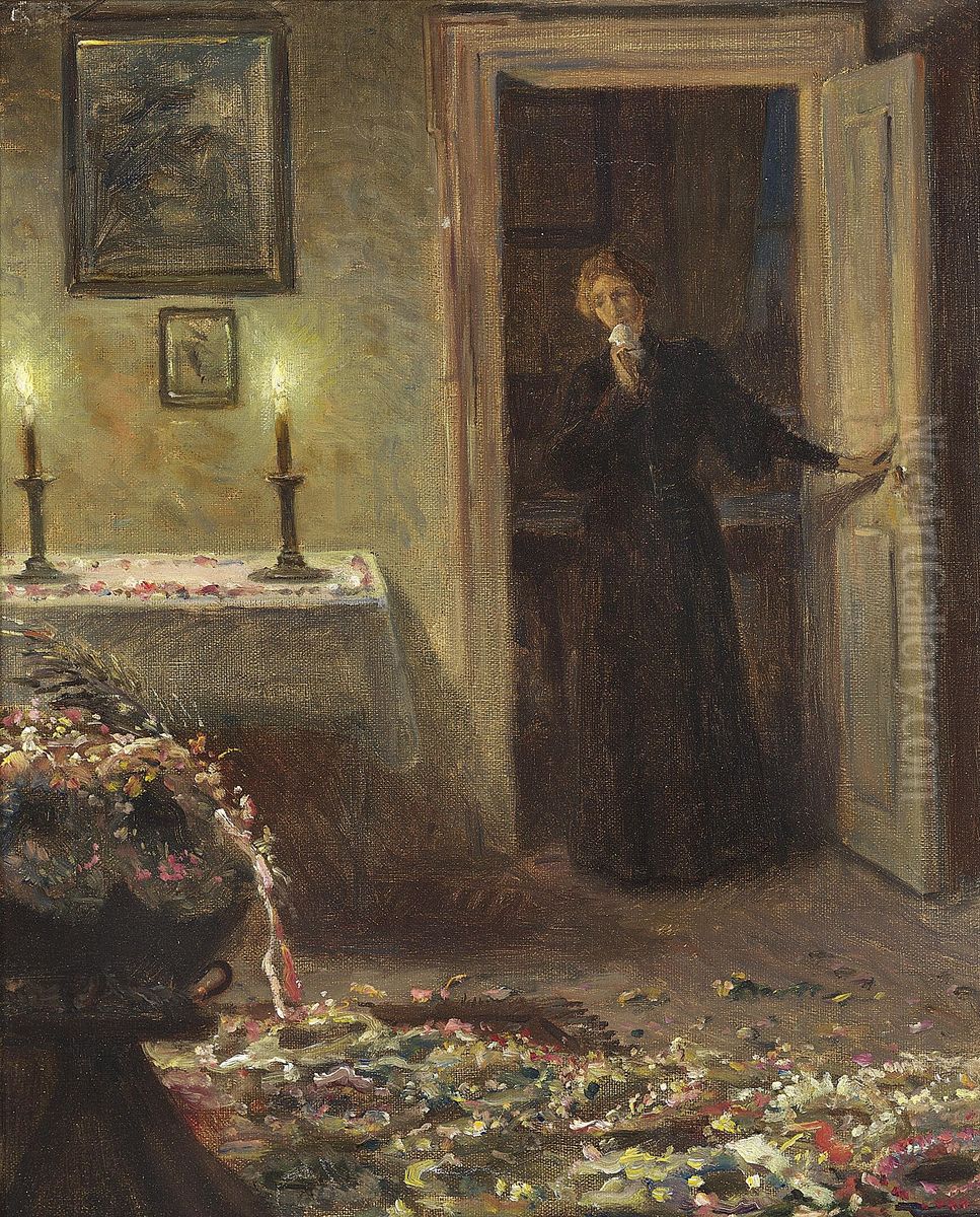 Silence. A room with a few lights on. The floor covered with wreaths. A young girl in mourning opens the door in the background. Oil Painting by Valdemar Irminger