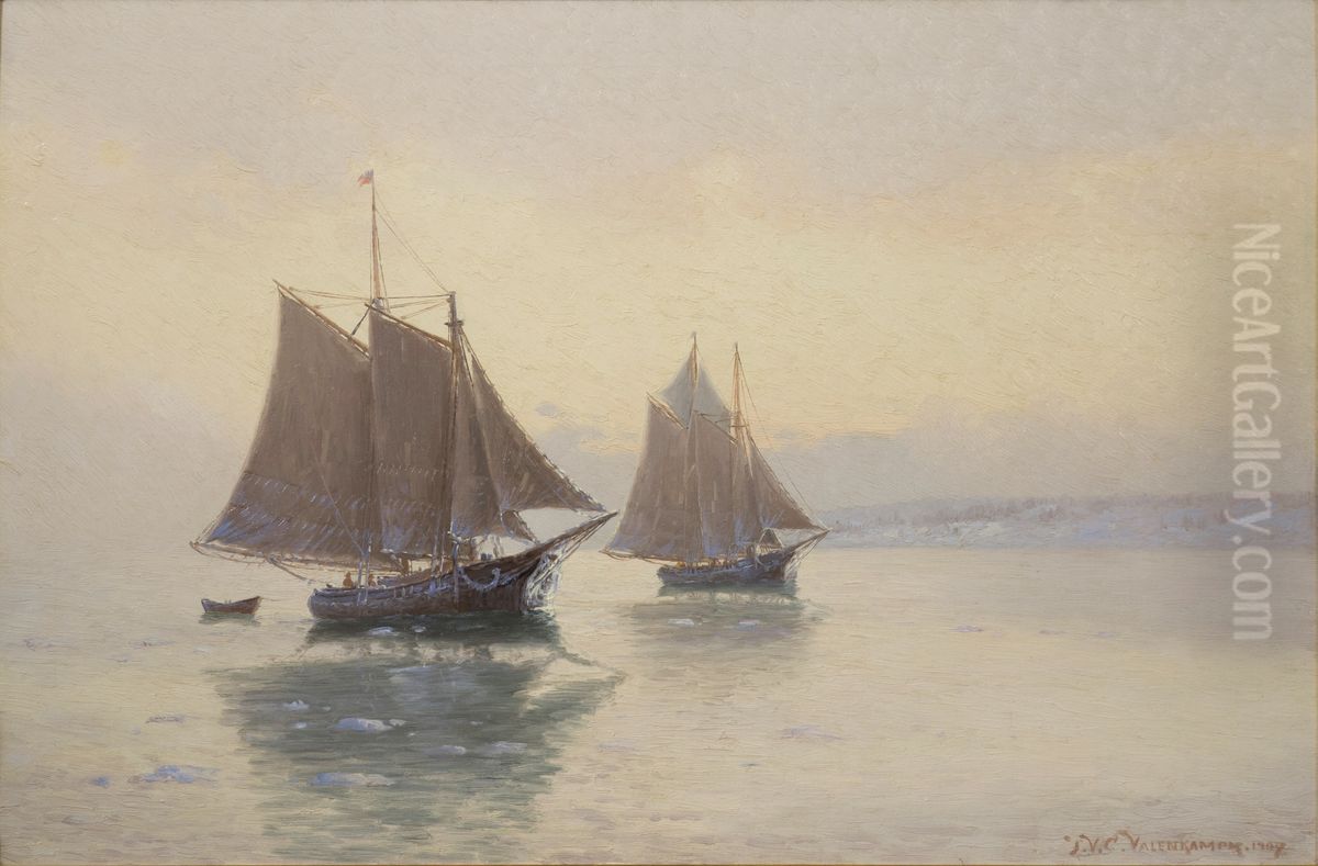 Schooners Sailing in Winter Oil Painting by Theodore Valenkamph