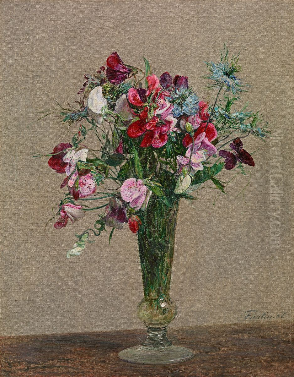 Fleurs, pois de senteurs et nigelles dans un petit vase Oil Painting by Henri Fantin-Latour