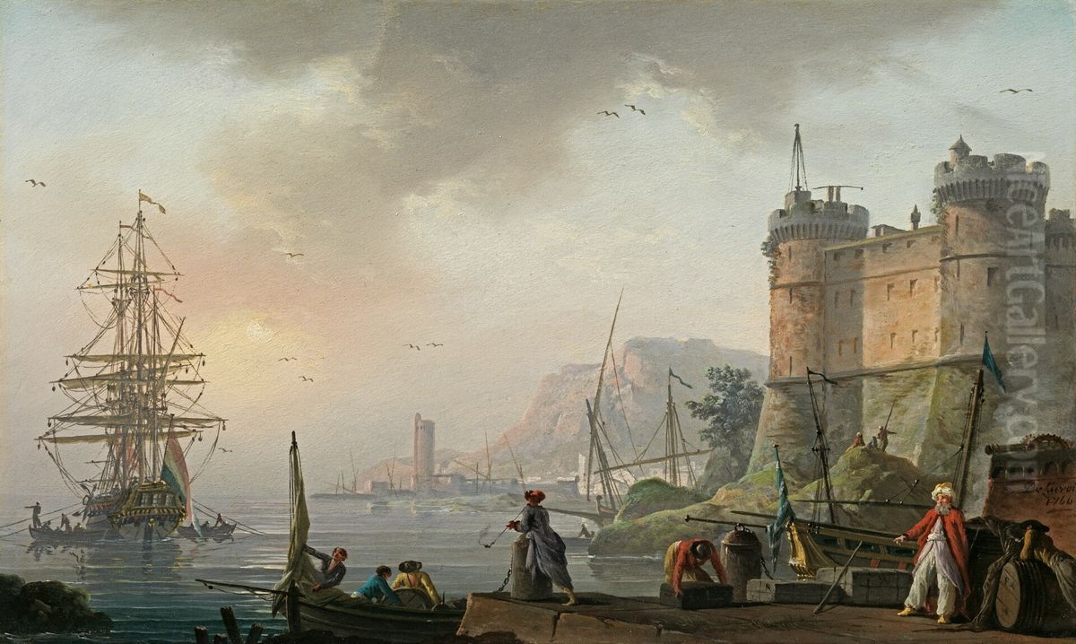 Levantine merchants on a quay below a castle, a Dutch man-of-war at anchor beyond Oil Painting by Charles Francois Grenier de Lacroix