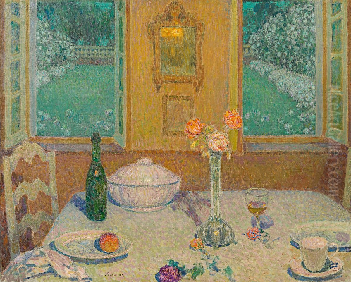 La table sur le jardin fleuri au crepuscule, Gerberoy Oil Painting by Henri Le Sidaner