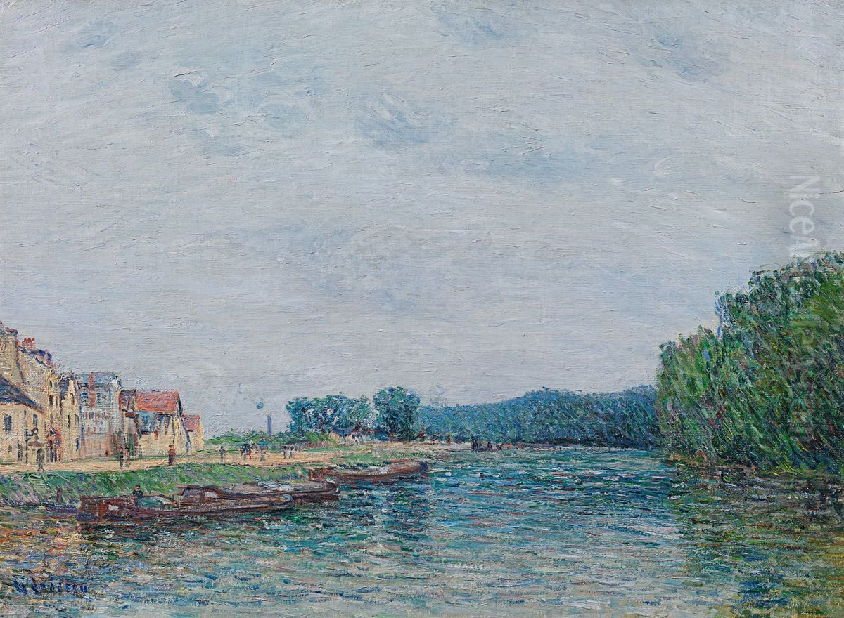 Barques, quai du Pothuis a Pontoise Oil Painting by Gustave Loiseau