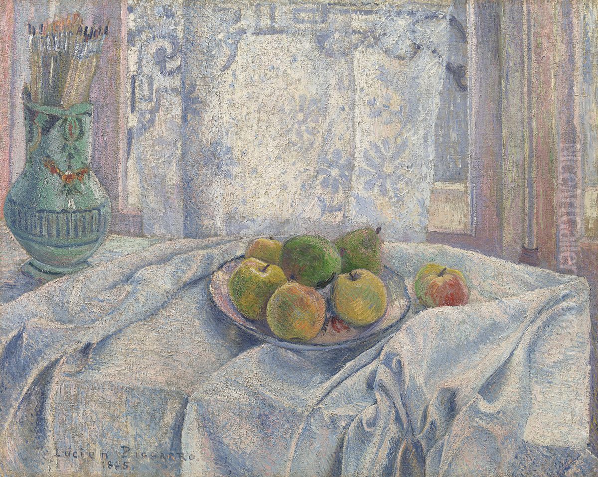 Apples on a tablecloth against a lace-curtained window Oil Painting by Lucien Pissarro