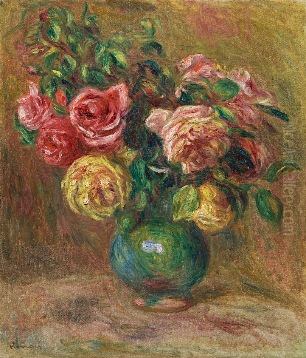 Roses in a gern vase Oil Painting by Pierre Auguste Renoir