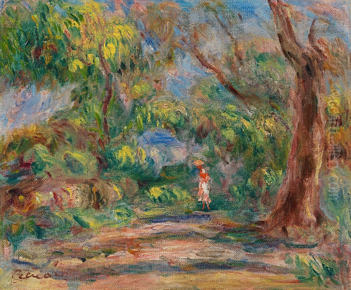 Landschaft, Hofweg mit Frau in rot und weiss Oil Painting by Pierre Auguste Renoir