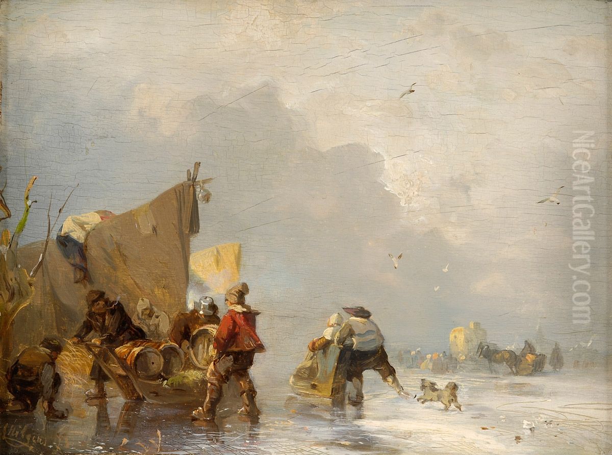 Winterliche Flusslandschaft mit regem Treiben Oil Painting by Carl Hilgers