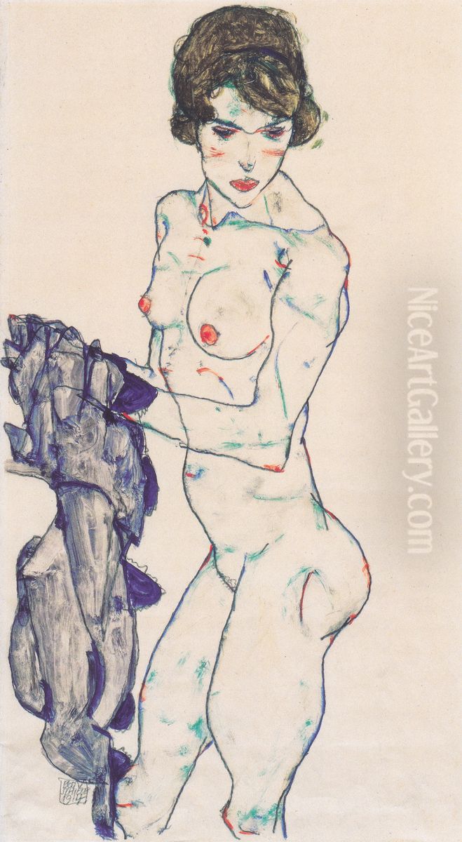 Stehender weiblicher Akt mit blauem Tuch Oil Painting by Egon Schiele