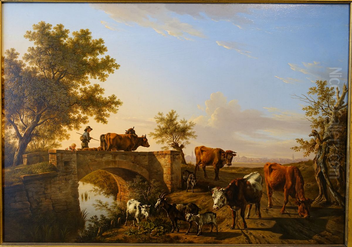 The Gottesau Bridge, in the distance Karlsruhe Oil Painting by Carl Kuntz