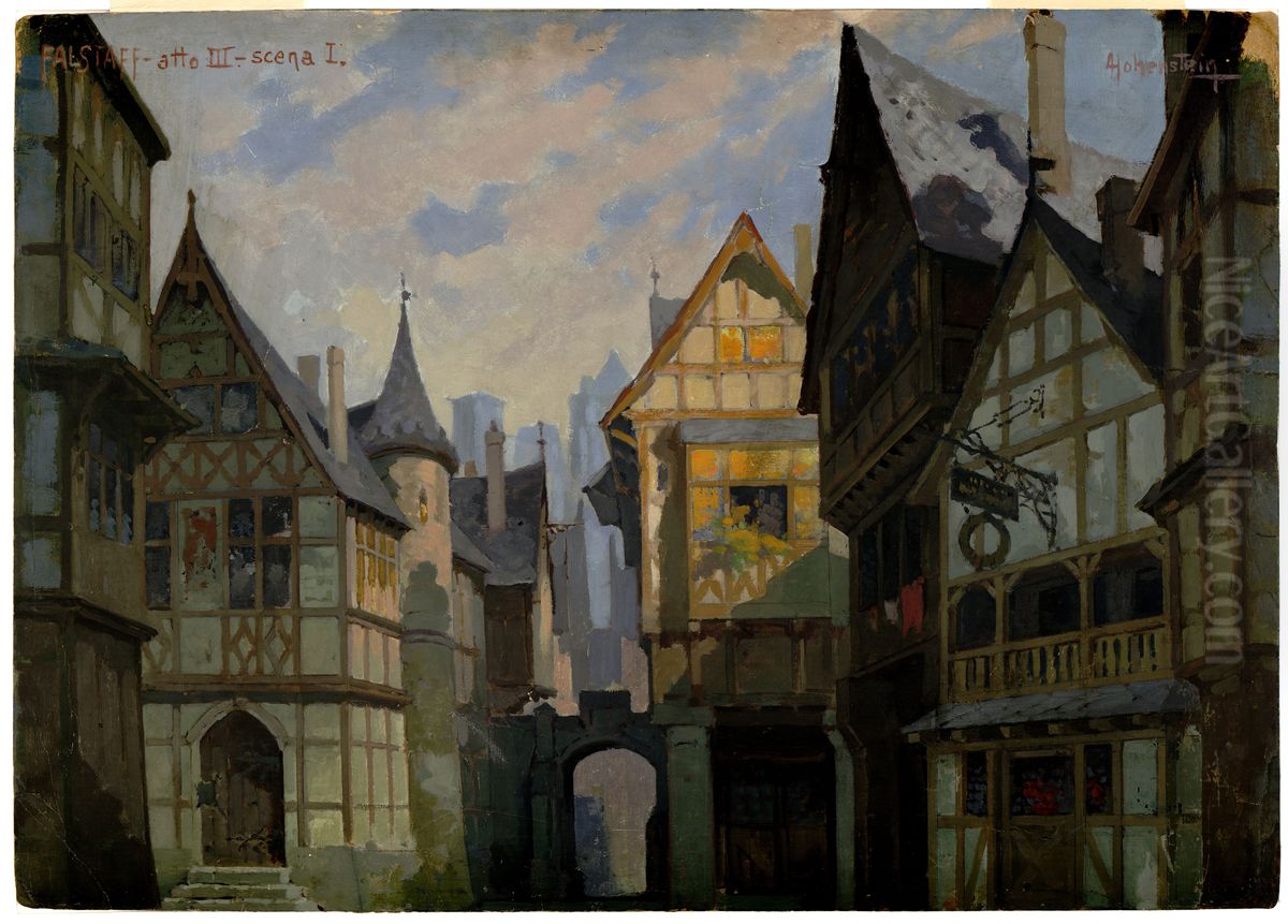 Un piazzale, a destra l'esterno dell'Osteria della Giarrettiera Oil Painting by Adolfo Hohenstein