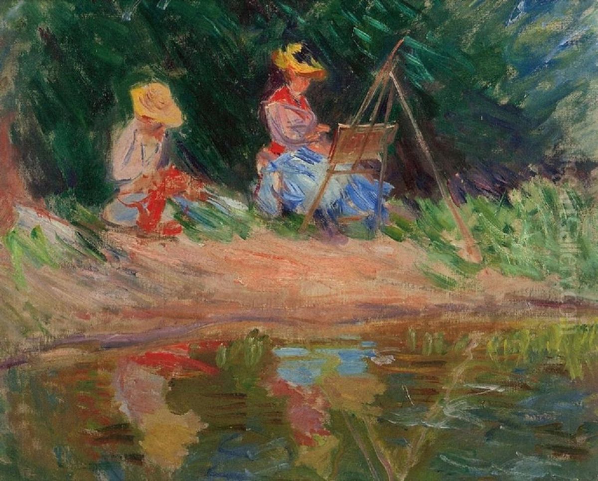 Blanche Monet malt mit ihrer Schwester Susanne am Rand des Wassers Oil Painting by Claude Oscar Monet