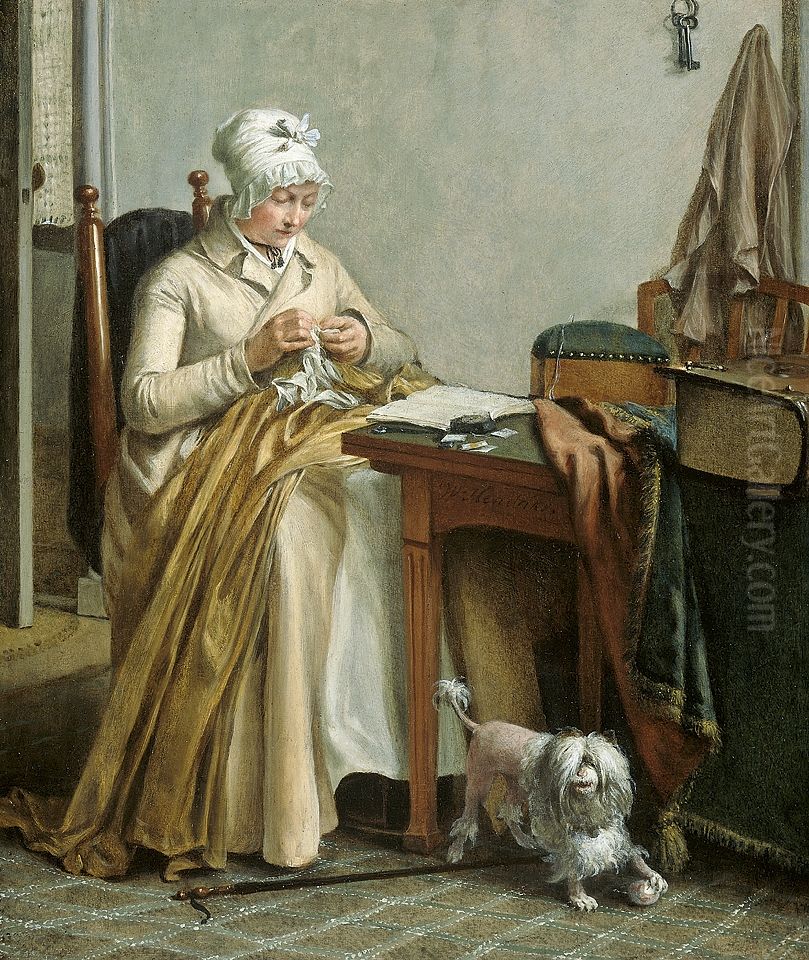 Interior with Sewing Woman. Oil Painting by Wybrand Hendricks