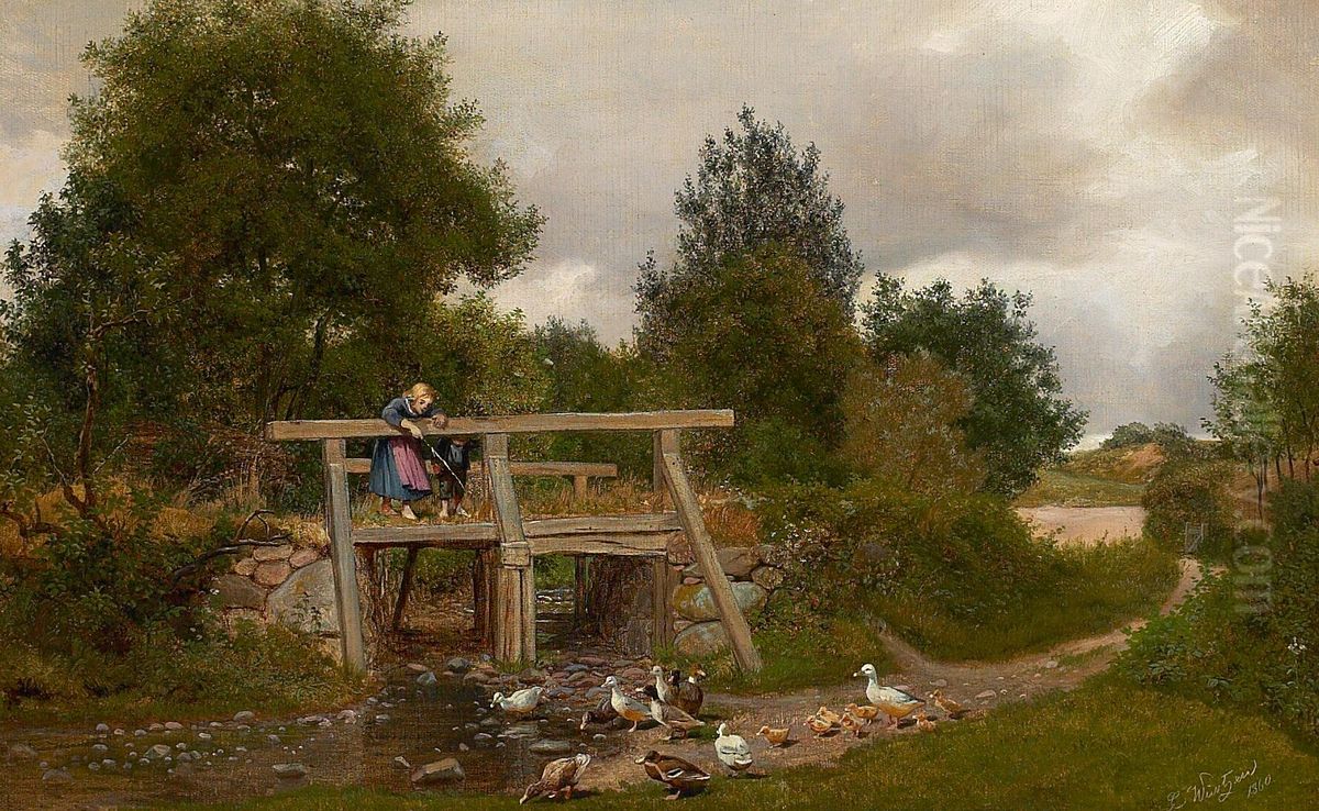 Children on a bridge watching ducks and ducklings.    <da= Born pa en bro der betragter en flok aender med aellinger. Oil Painting by Carl Wurtzen