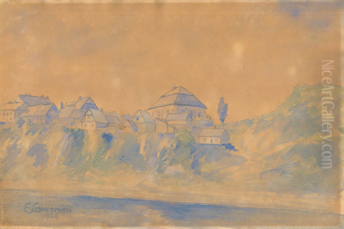 A view of Wyszogrod from the waterside of the Vistula. Oil Painting by Edward Szymczewski