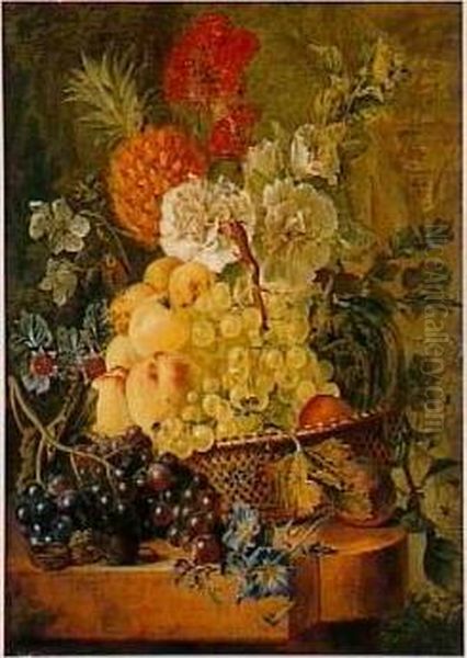 Flowers and a basket of fruit. Oil Painting by Wybrand Hendricks