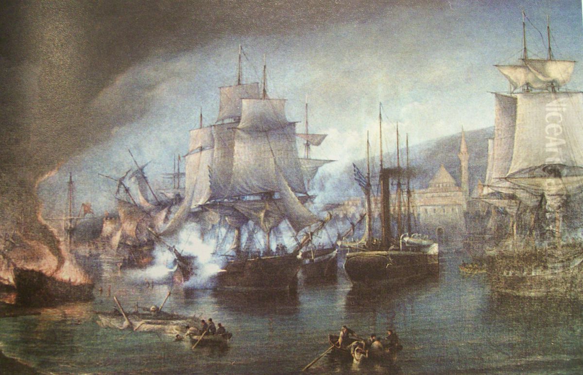 The Naval Battle of Volos [in 1827] Oil Painting by Yannis Poulakas