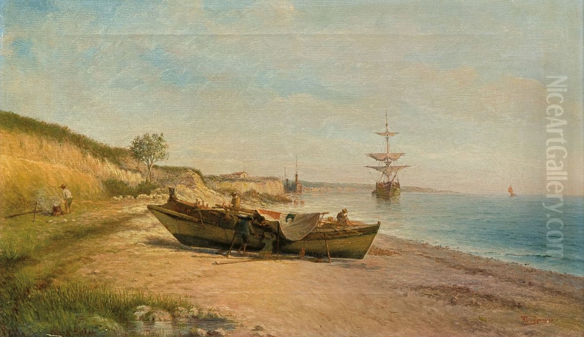 Beach with boat. Oil Painting by Yannis Poulakas