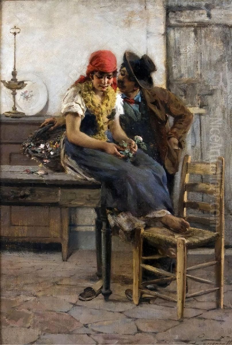 Young couple of lovers Oil Painting by Egisto Lancerotto