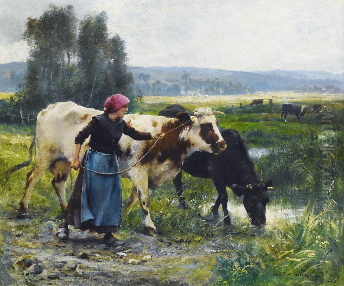 Young peasant woman with two cows Oil Painting by Julien Dupre