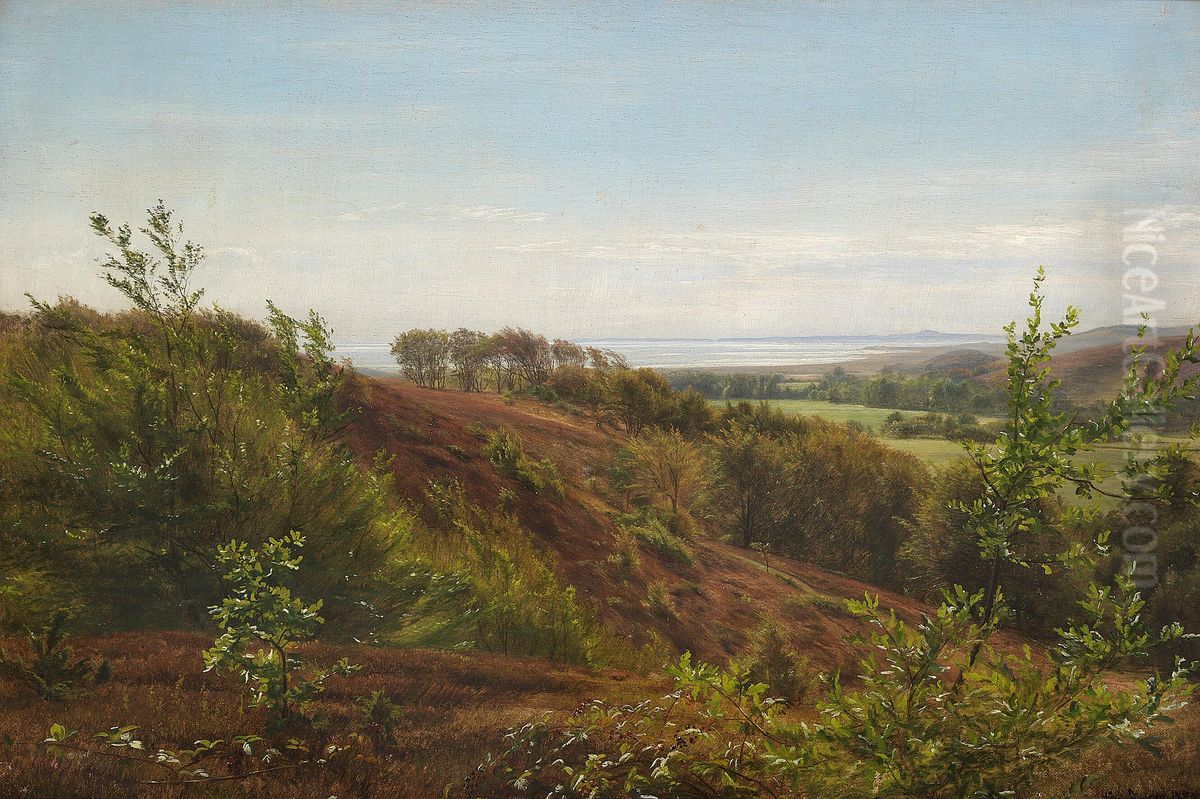 A landscape with hills and a view of an inlet. Oil Painting by Christian Zacho