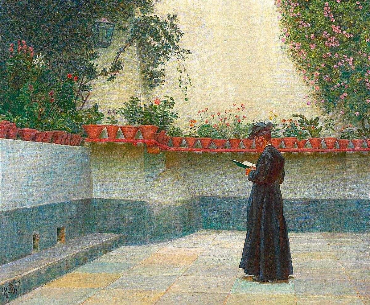 A priest in an Italian cloister. Oil Painting by Kristian Zahrtmann