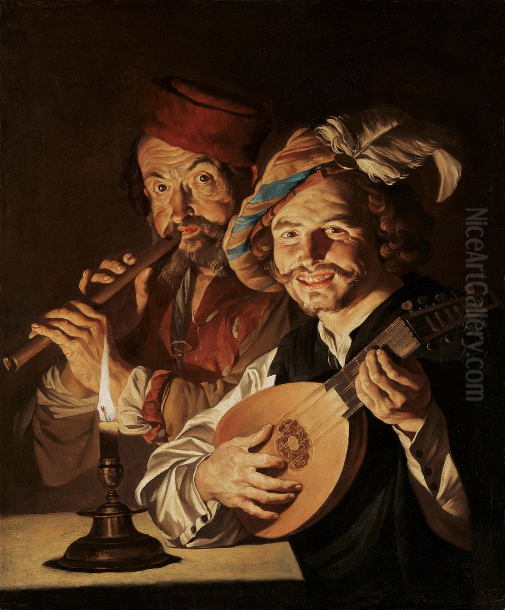Luteplayer and fluteplayer by candlelight Oil Painting by Matthias Stom