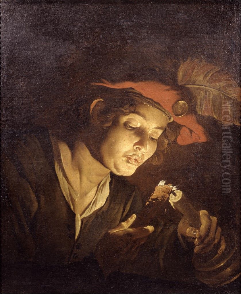 Boy lighting a candle from a wick Oil Painting by Matthias Stom