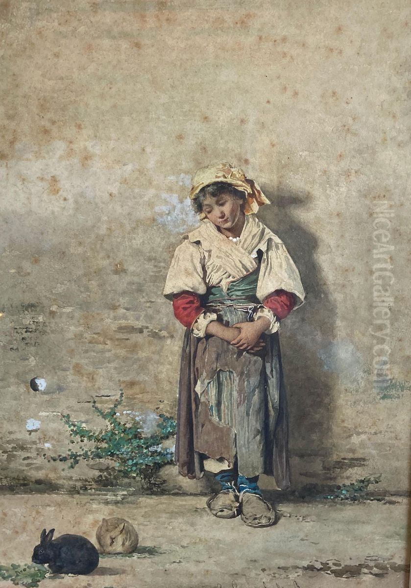 Roma peasant girl observing two rabbits Oil Painting by Guerrino Guardabassi